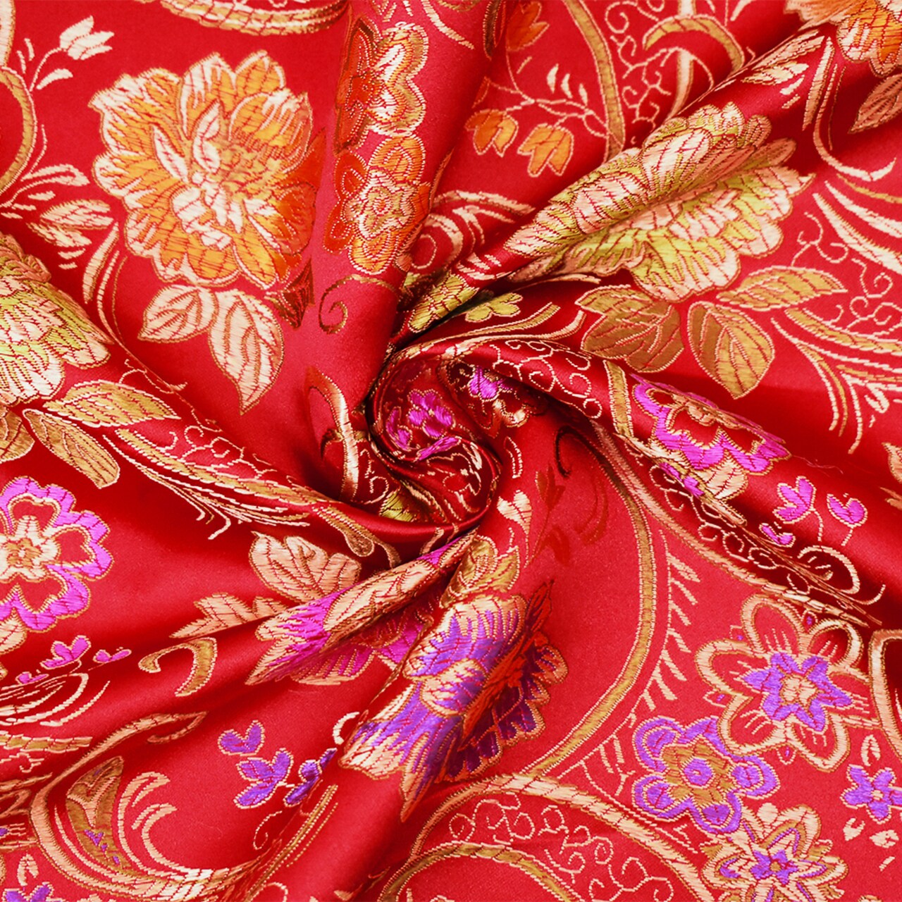 Red-Beige-Multi Polyester Floral Chinese Brocade Woven Fabric By the Yard